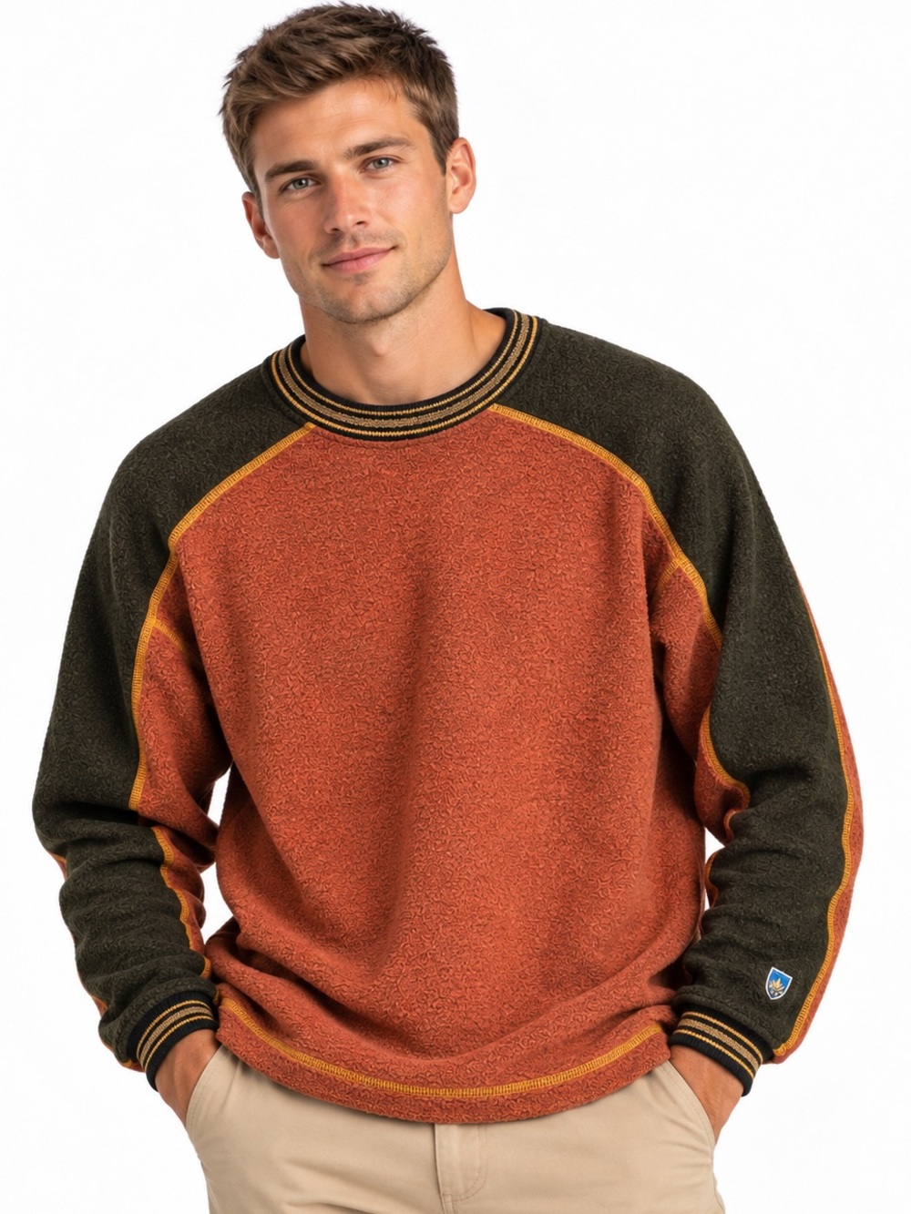 KÜHL Alpaca Fleece Men’s XL Burnt Rust Olive Colorblock Pullover